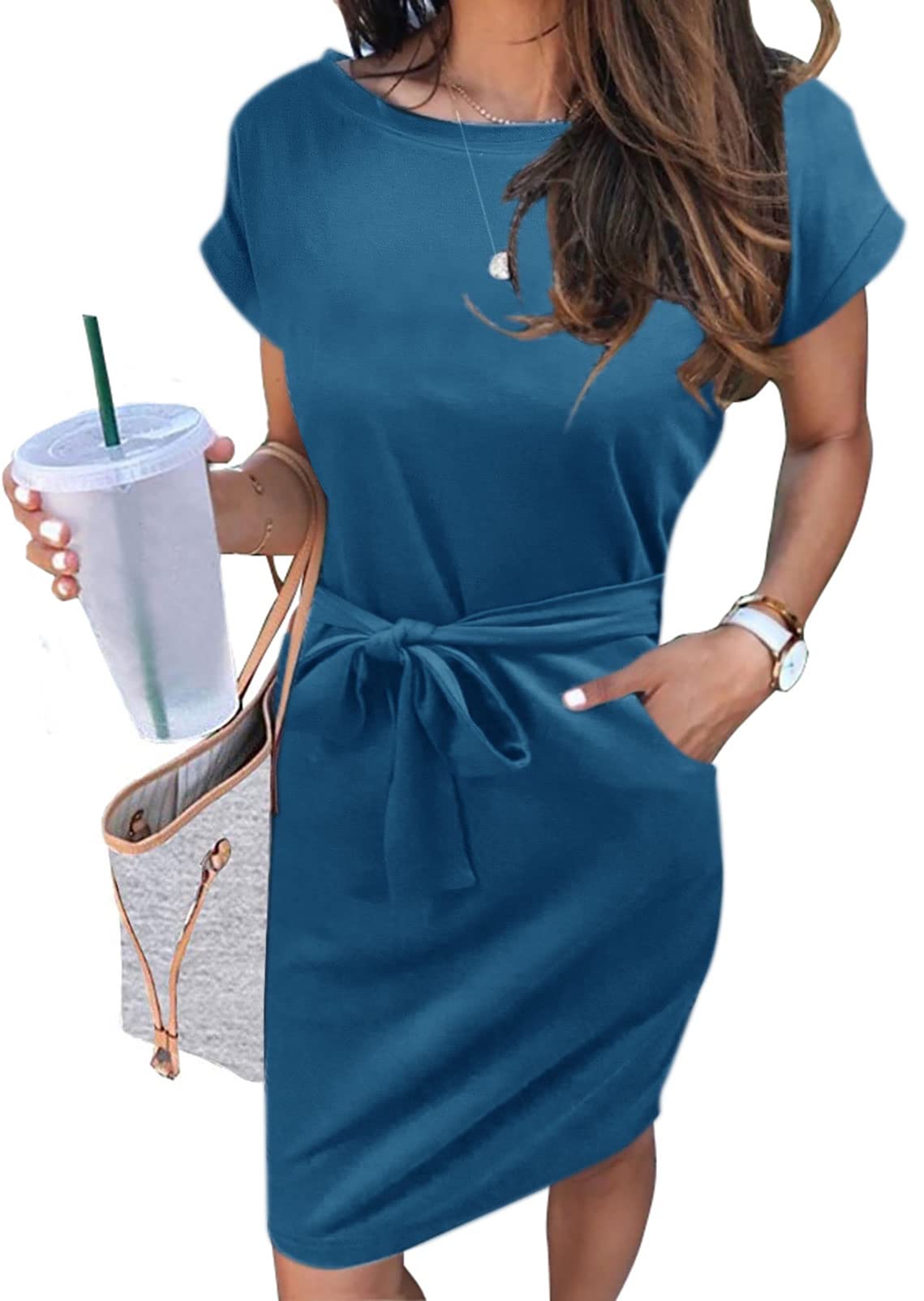 MEROKEETYWomen's Summer Striped Short Sleeve T Shirt Dress Casual Tie Waist with Pockets, Solidteal, Medium