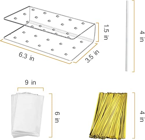Miniatura 2 de Soporte acrílico para piruletas, 2 piezas de soporte para tartas, 100 palitos de paleta, 100 bolsas transparentes para golosinas y 100 lazos