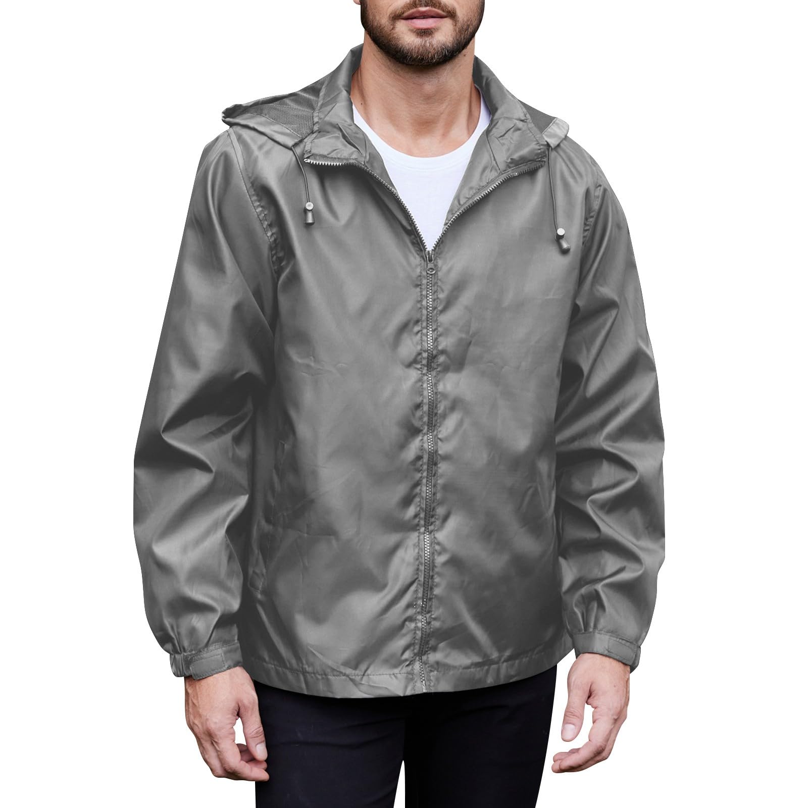 Outdoor Ventures Men's Rain Jacket Waterproof Long Sleeve Zipper Pocket Coat Loose Windbreaker with Hood for GOLF