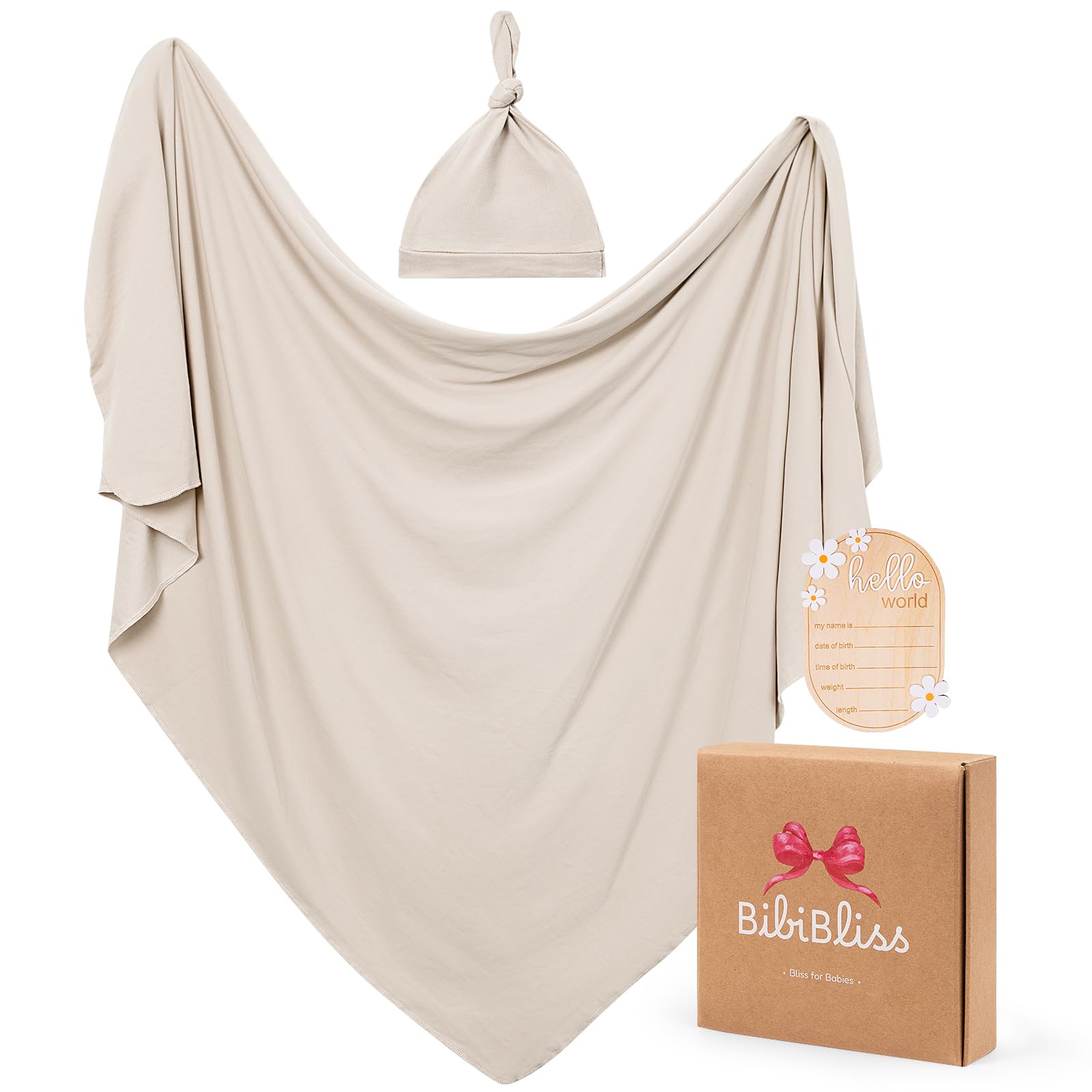 Stretchy Swaddle Blanket for Newborns with Hat &amp; Hello World Card–Soft Baby Swaddles 0-3 Months,47"x 47"Receiving Blanket for Boys &amp; Girls (Oat)