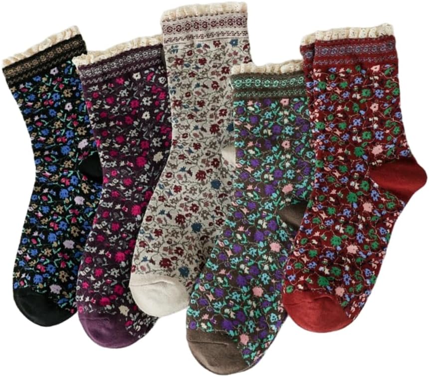 Vintage Style Embroidered Floral Socks for Women Girls with Lace Trims, Spring and Fall Cotton Crew Socks