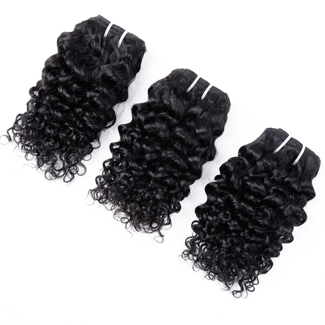Deep Water Curly Wave Human Hair Bundles with Frontal(10 10 10+10) Wet and Wavy 3 Bundles and 13x4 Frontal Unprocessed Brazilian Short Bob Hair 50g/bundle Natural Black - Image 3