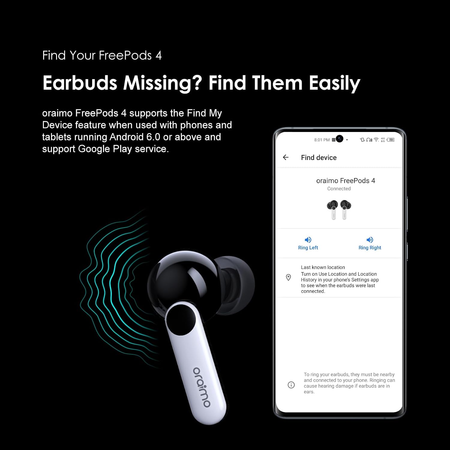 Oraimo FreePods 4 Find My Device feature on smartphone