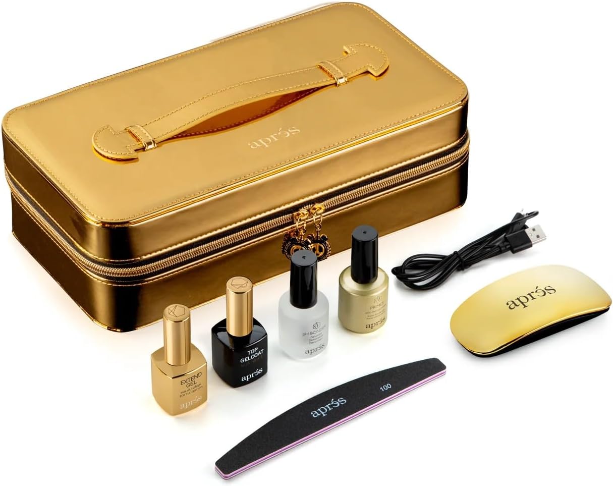 Apres Nail Gel-Xโข Professional Nail Gel Kit with pH Ligation, Non-Acid Gel Base, X-Lite LED Light, 100/180 Grit Frosted Edge and Vegan Varnish Black Case