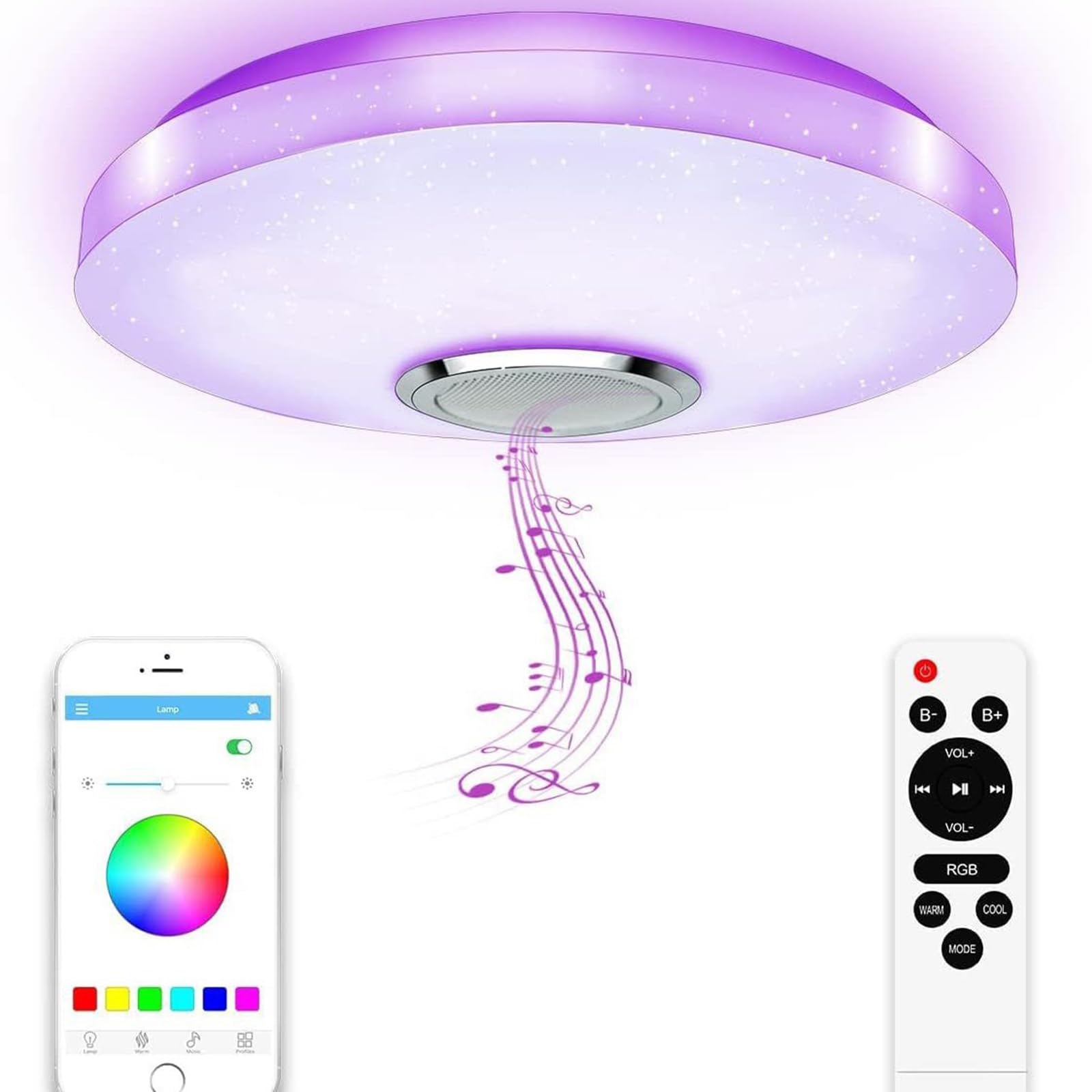 Lámpara De Techo LED Con Altavoz Bluetooth, 36 W Ø30 Cm Control Por Mando Aplicación Luz Musical Regulable Lámpara RGB Cambio De Color Para Salón Dormitorio