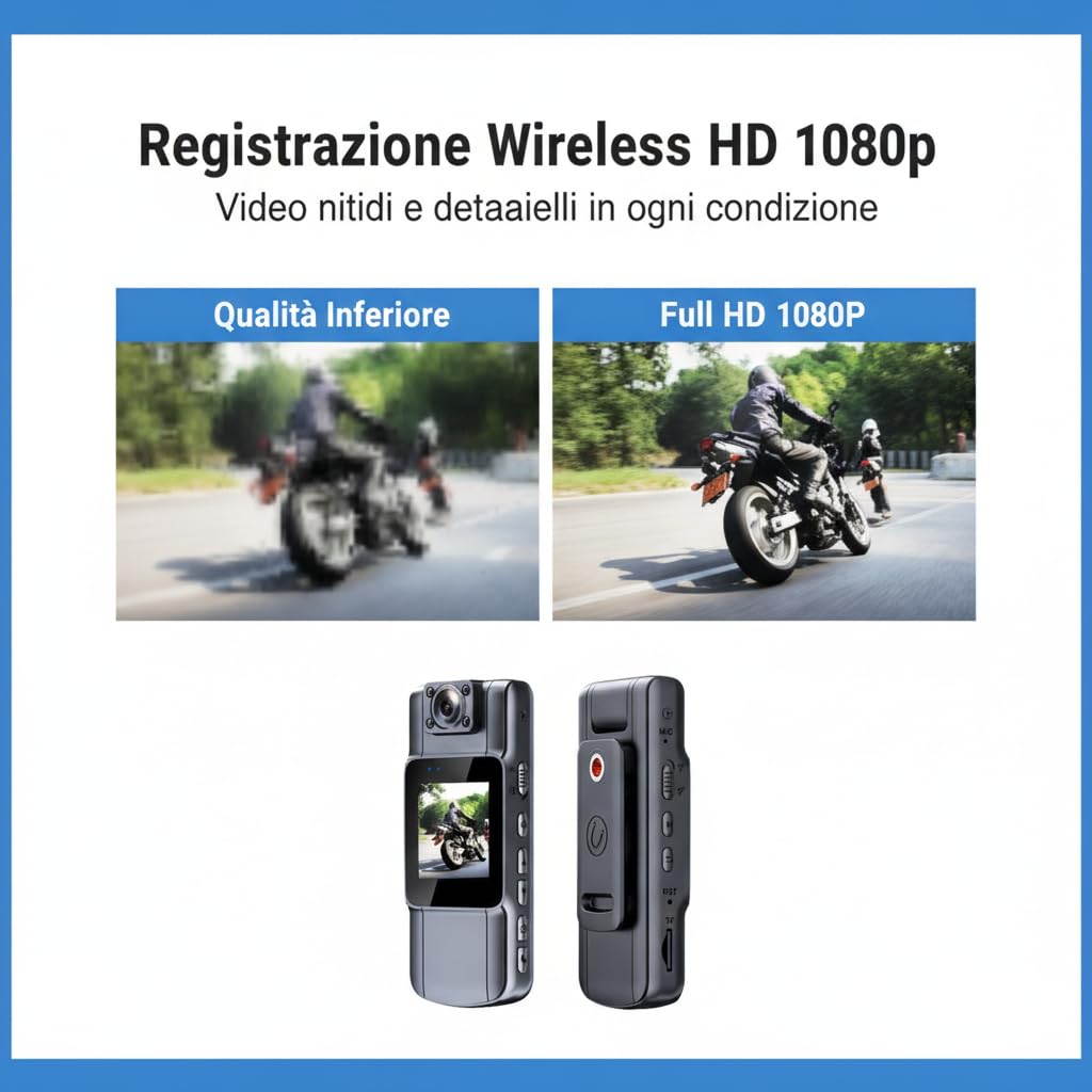 Telecamera wireless per il corpo, videocamera da casco per moto, Smart Camera HD 1080P con obiettivo rotante a 180°, registratore esterno wireless per ciclismo e motociclismo, schermo da 1,54 pollici