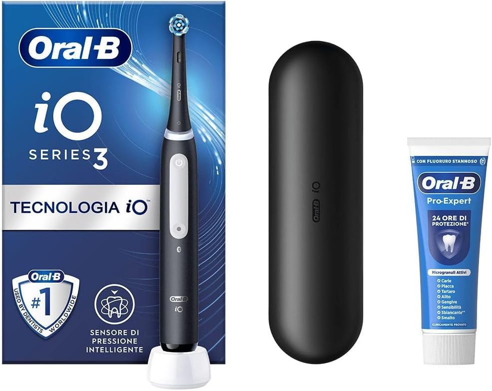 Oral-B Wiederaufladbare elektrische Zahnbürste iO 3 Schwarz, 1 elektrische Zahnbürste, 1 Ersatzkopf, Reiseetui + Zahnpasta Oral-B pro Expert, effektive Zahnreinigung | 1 Ersatzbürsten für elektrische Zahnbürste, wiederaufladbar, Reiseetui + 1 Pro Expert Z