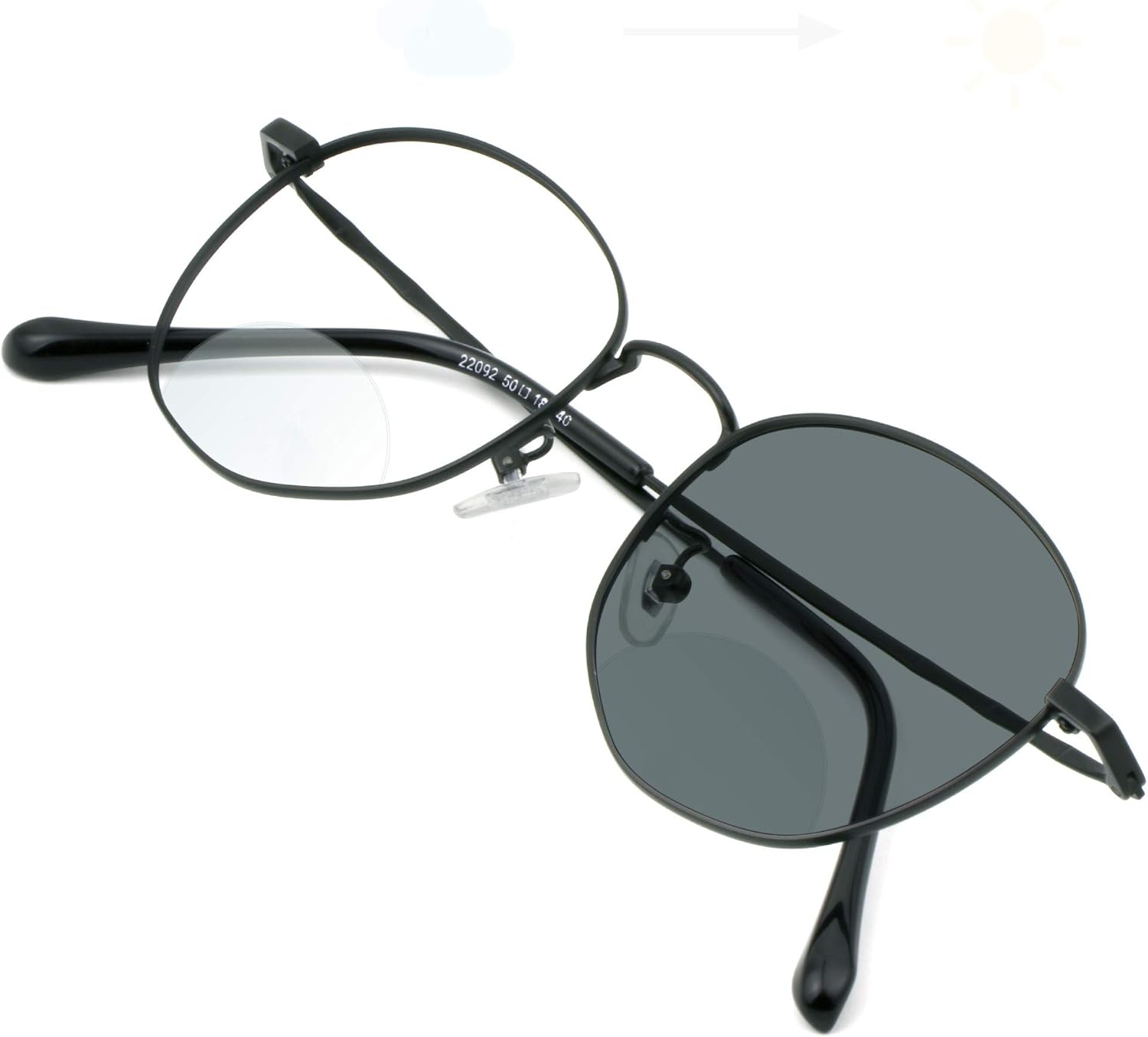 VisionGlobal Bifocal Reading Glasses Photochromic Dark Grey Sunglasses, Classic Retro Oval Eyewear (Black, 1.00 Magnification)