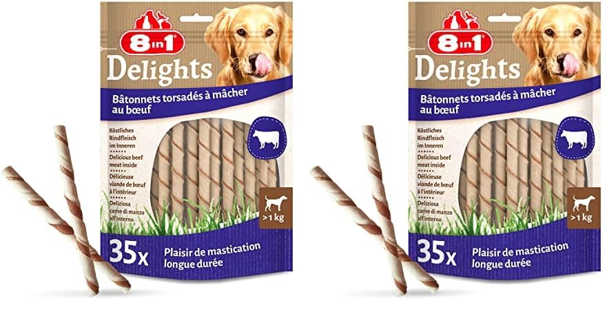 8in1 Delights Beef Twisted Sticks - gesunde Kaustangen für Sensible Hunde, hochwertiges Rindfleisch eingewickelt in Rinderhaut, 35 Stück (Packung mit 2)
