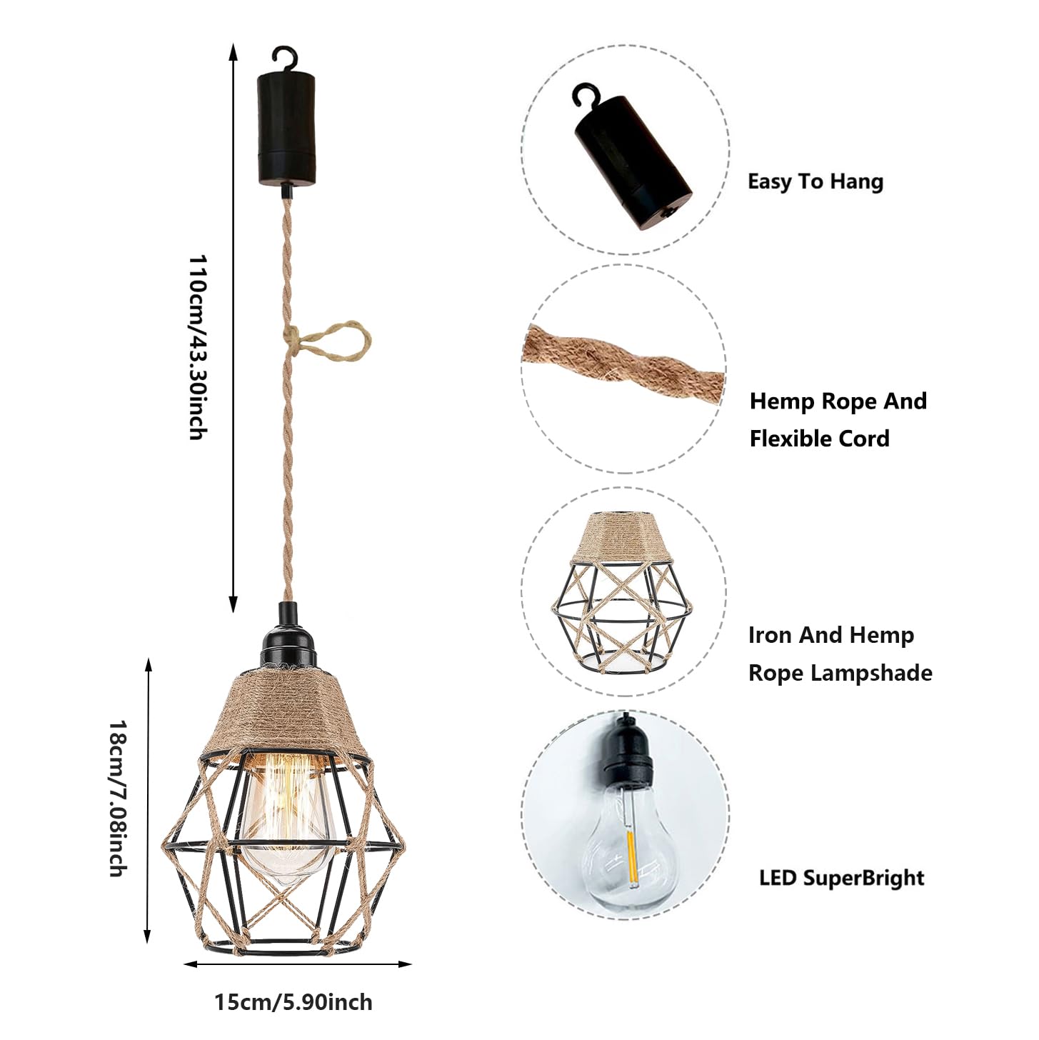 2x Boho Batterie Hängelampe Vintage Deckenlampe Rattan Lampenschirm