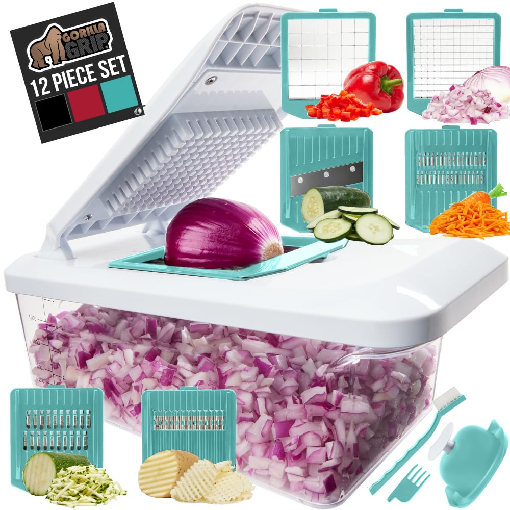 Gorilla GripHeavy Duty 12-in-1 Vegetable Chopper, 6 Blades, Food Choppers with Container, Cucumber Mandoline Slicer, Dice Onions, Slice Veggies, Chop Salad, Home Essential Kitchen Gadgets, Turquoise