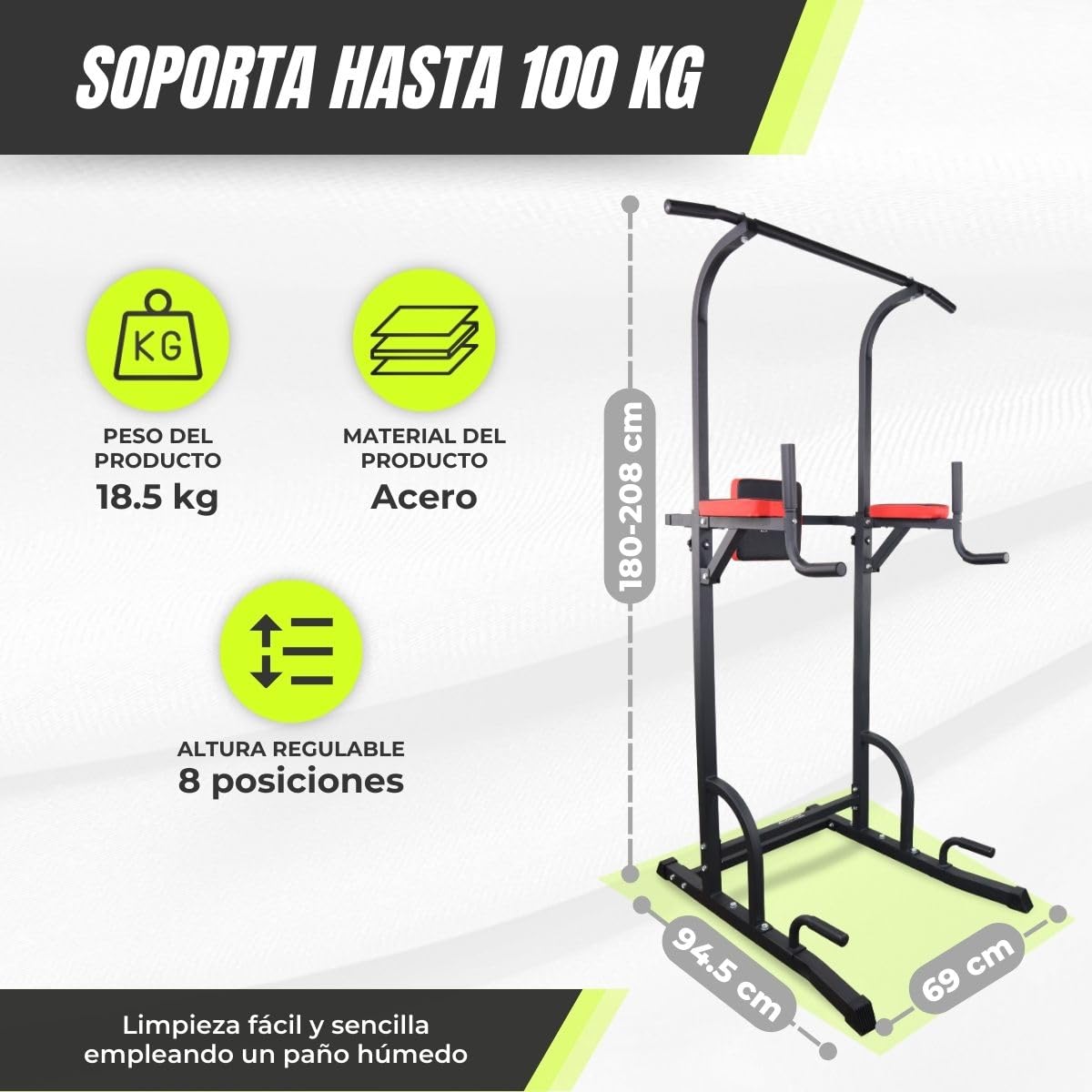 Mobiclinic®, Estación de fondos, Ajustable en 8 Alturas, Respaldo regulable, Resistente, Dominadas, Torre Multifuncional, Power Tower, Gimnasio en Casa, Pull-up, Multifit