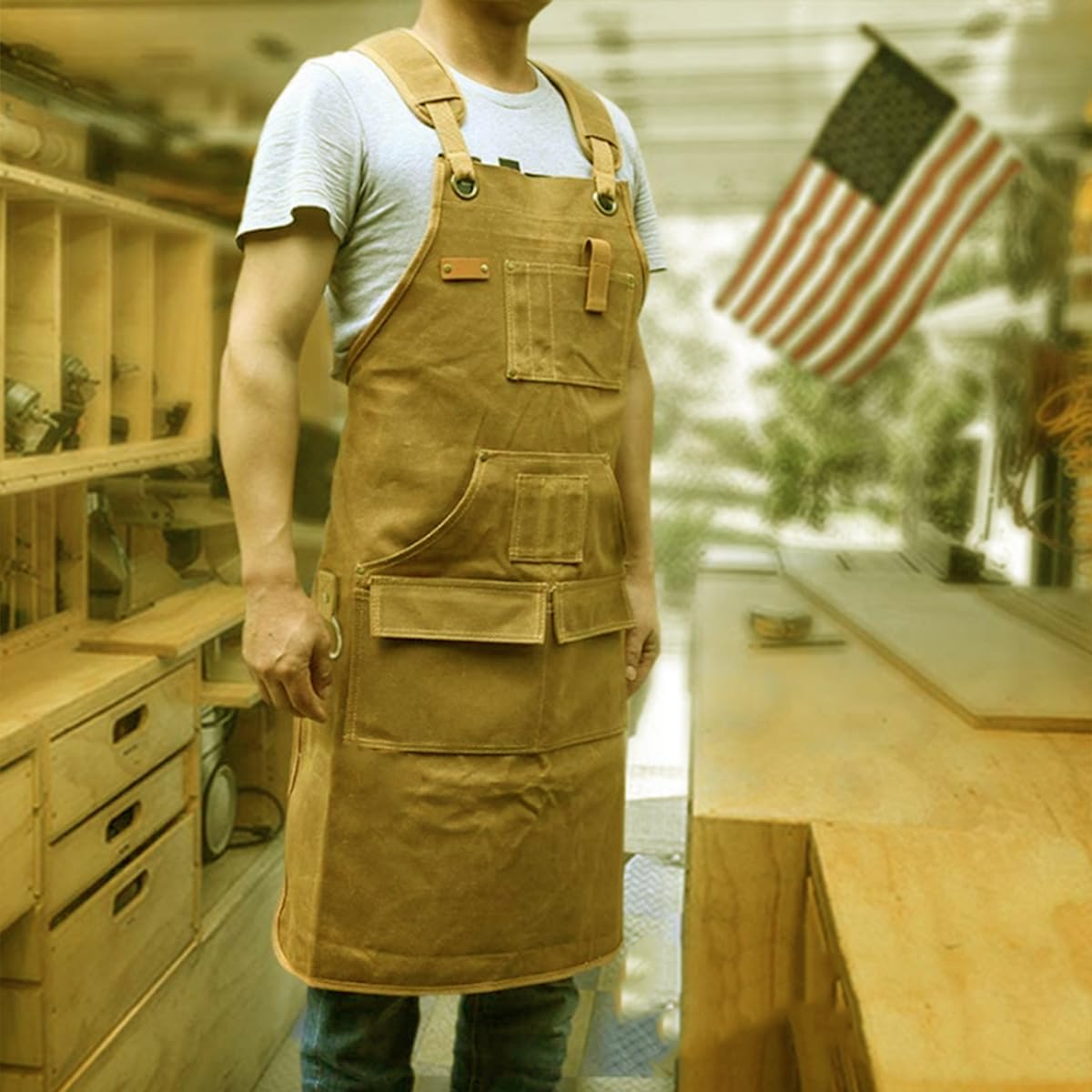 Grembiule di legno regalo uomo cintura di legno 9 tasche utensili tasca magnetica resistente grembiule di lavoro in tela cerata