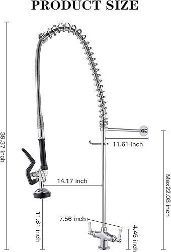 Miniatura 6 de Grifo de fregadero comercial con rociador de 39 pulgadas de altura, montaje en cubierta, un solo agujero, doble mango, resorte en espiral, rociador,