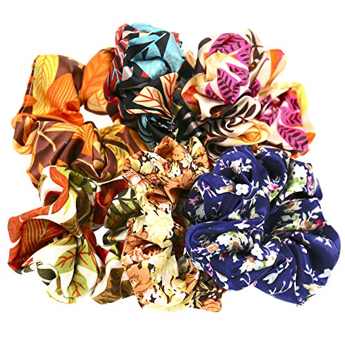 Hair Accessories Women Girls Multicolor Floral Satin Silk Chiffon Simple Pattern Elastic Scrunchies (Set of 6)
