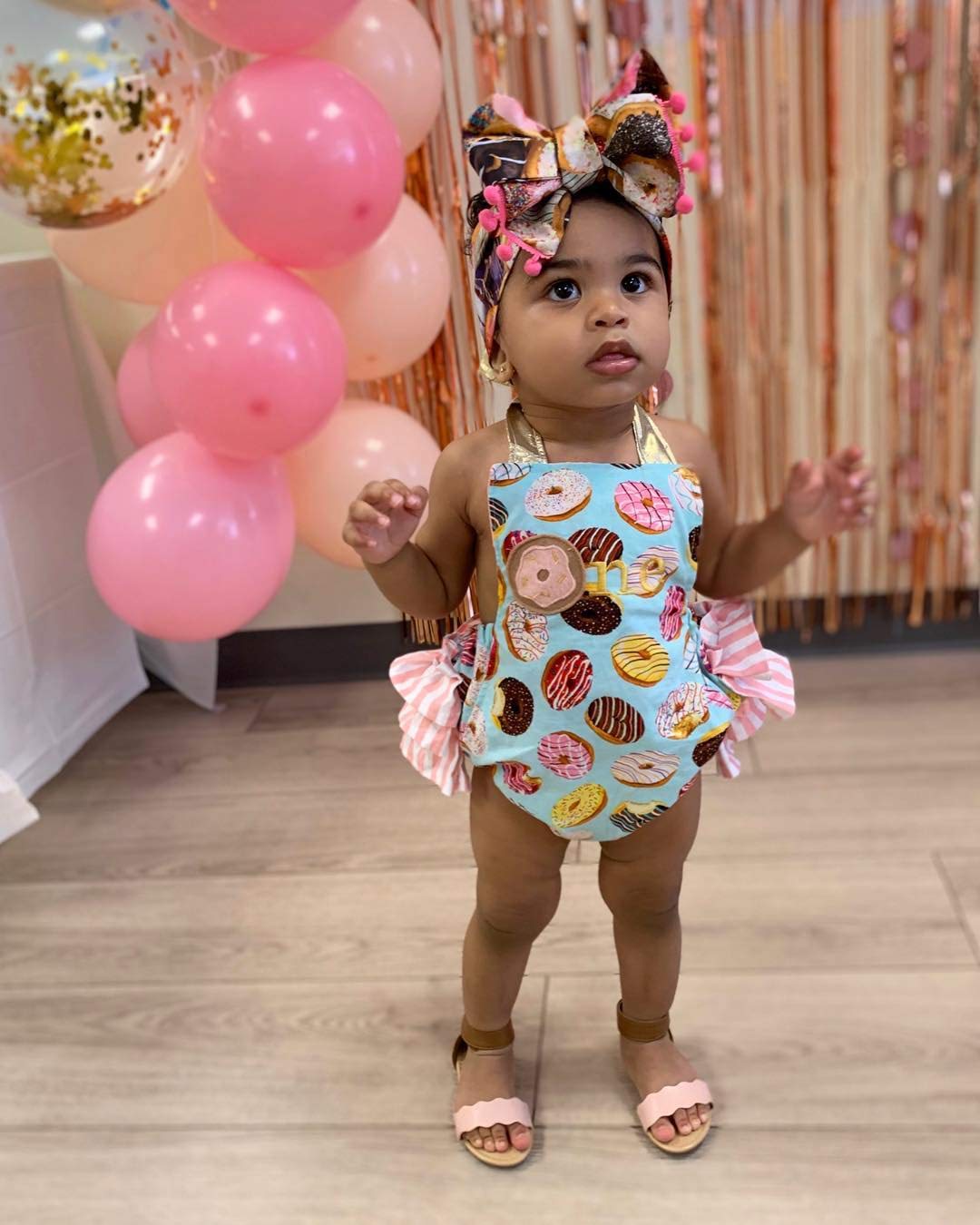 Hnyenmcko Newborn Baby Girl Romper Doughnut Bodysuit Halter Ruffled Backless Sleeveless Jumpsuit Headband Summer Birthday Outfit (Blue & Pink, 0-6 Months)