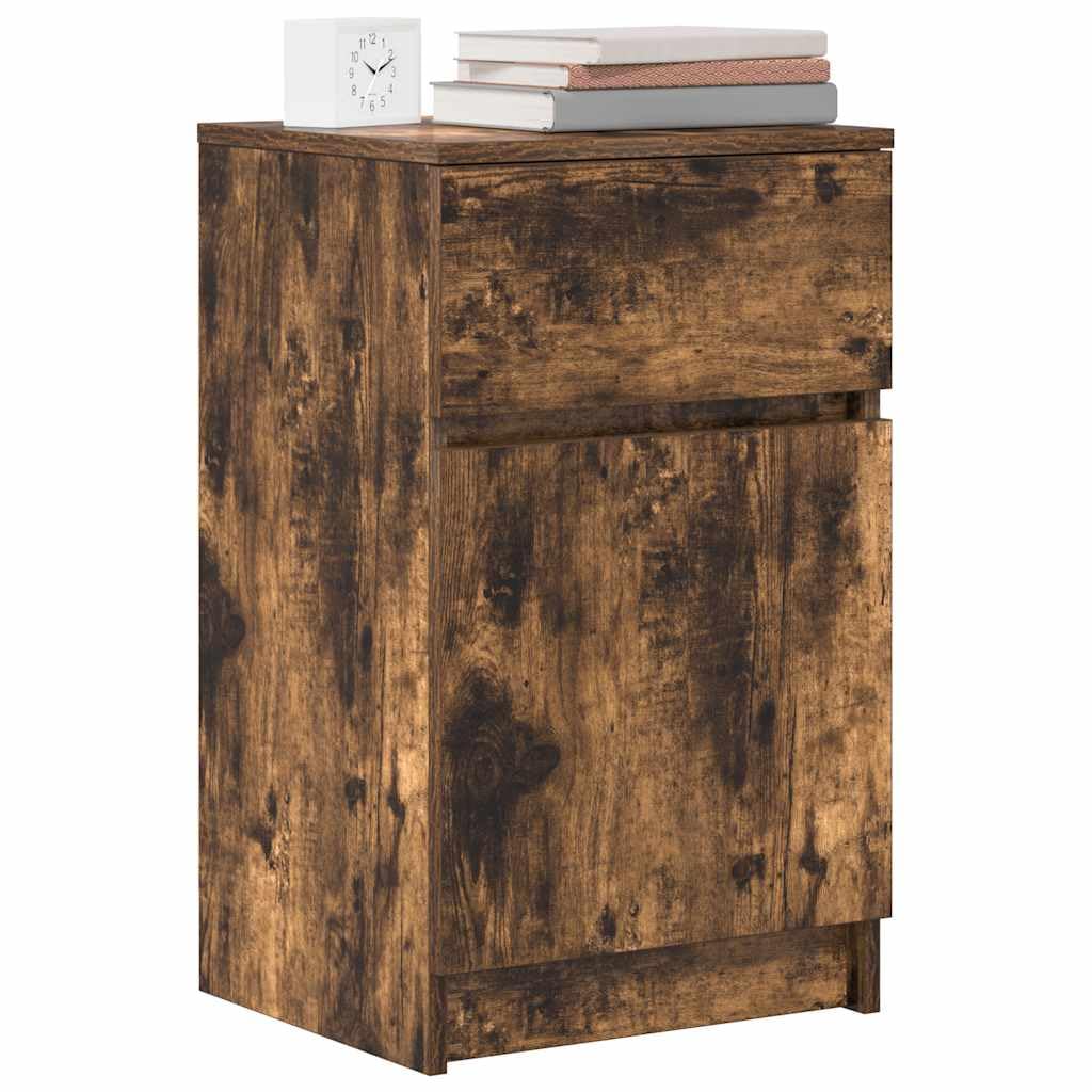 Elegante mesita de noche para dormitorio, roble ahumado, 39 x 35 x 65 cm, material de madera, fácil de limpiar, mesita de noche con superficie lisa, con placa estable y soporte de pared