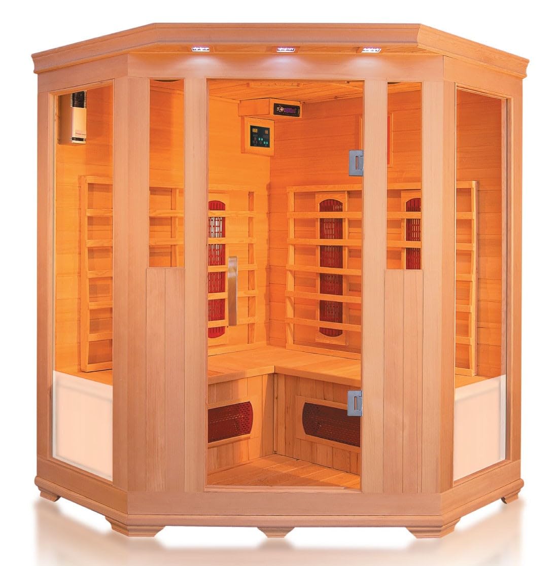 Cabina a infrarossi Trondheim Beta per 4 persone, in legno Hemlock, radiatore di calore profondo, sistema audio Bluetooth, cromoterapia, aromaterapia e disinfezione dell'ozono, risparmio energetico e