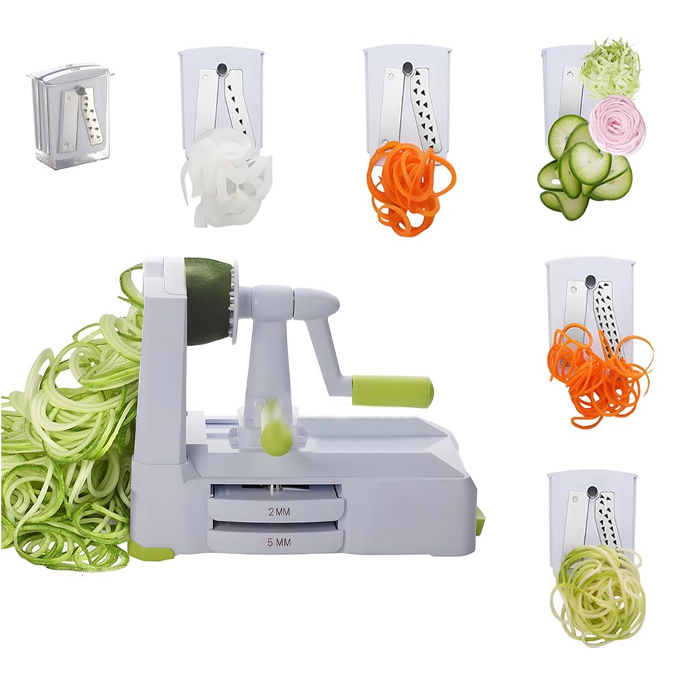 5-Blade Vegetable Spiralizer: Strongest Spiral Slicer, Best Veggie Pasta Spaghetti Maker for Low Carb/Paleo/Gluten-Free/Vegan Meals, With Extra Blade Caddy