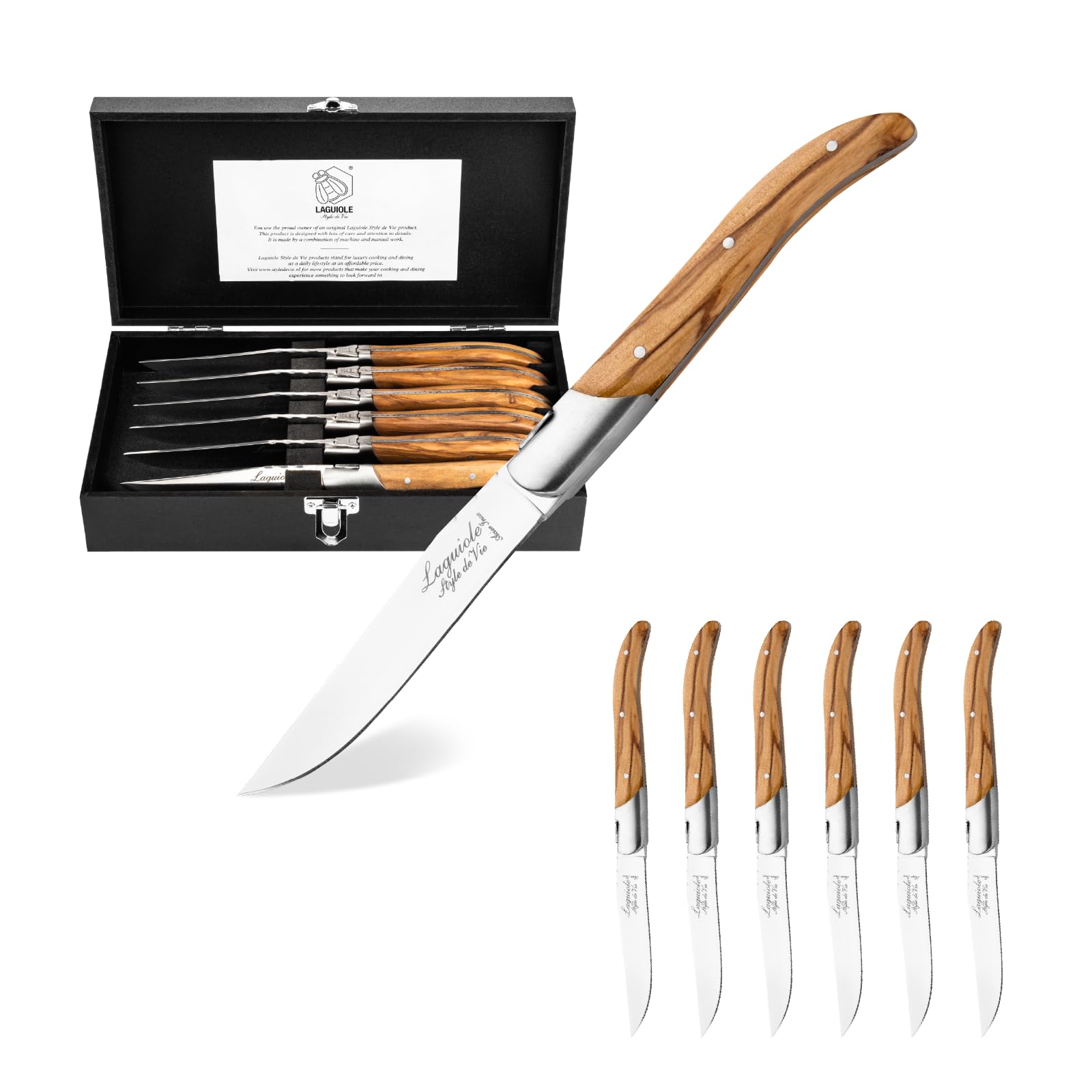 Laguiole Style de Vie Juego de 6 cuchillos de madera de olivo para carne