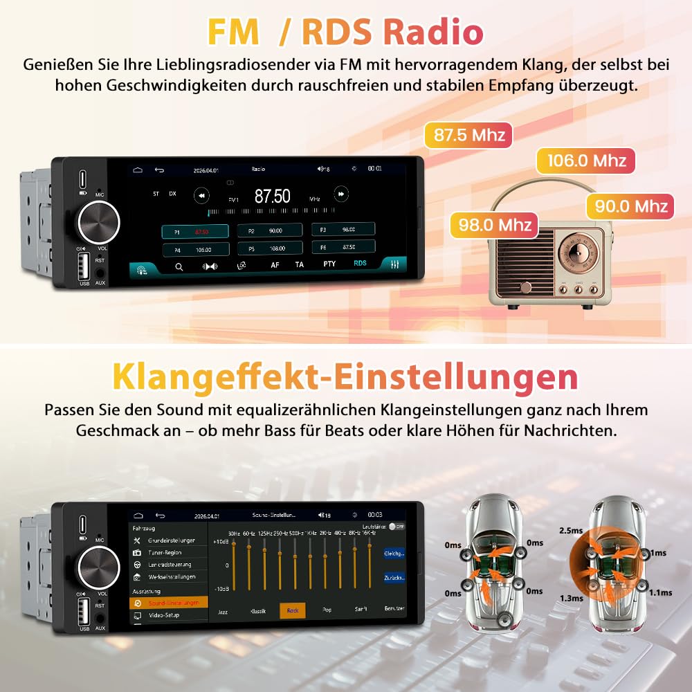 1 DIN Universales Autoradio, Carplay, Android Auto, DAB+, Rückfahrkamera | 6,28 Zoll Touchscreen, Online-Navigation von Carplay, RDS, Typ-C-Anschluss, USB-Anschluss, AUX Anschluss, Bluetooth
