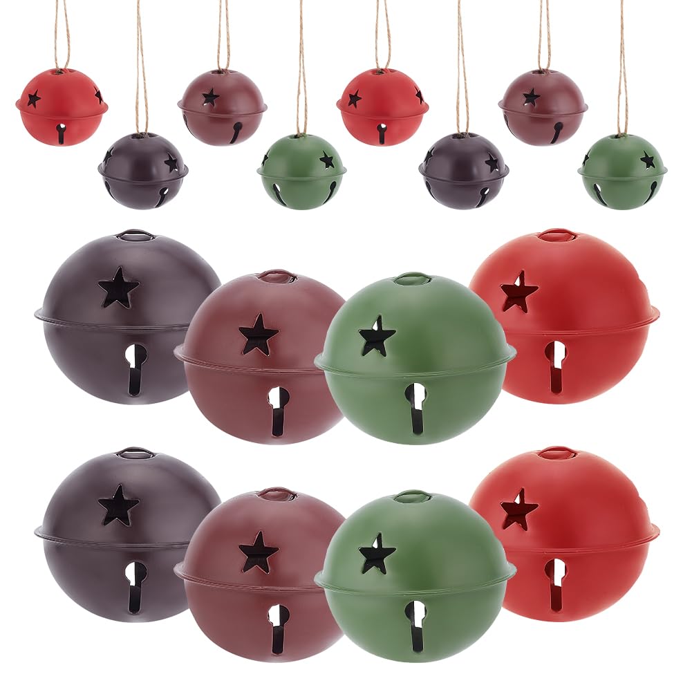 WEBEEDY 16pcs Christmas Jingle Bells Large Craft Bell Ornament with Star Cutout 4 Colors Sleigh Bells Hanging Decor Decoration for Christmas Tree Wreath Party Supplies(Big Size: 1.97
