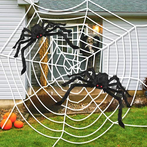 LUDILO 3PCS Halloween Spider Web Halloween Spider Decorations 142" Mega Spider Web 30" Giant Spider Huge Spider Web Indoor Outdoor Halloween Decorations Costume Party Garden Yard Haunted House DÃ©cor