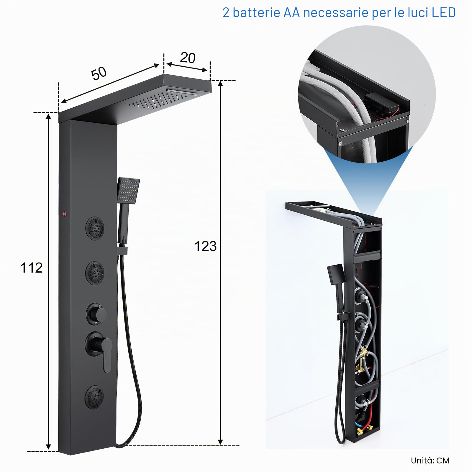 Pannello doccia a LED con miscelatore, 6 modalità doccia: pioggia e cascata, 2 modalità getto massaggio, combinato e beccuccio da bagno, colonna doccia in acciaio inossidabile nero opaco