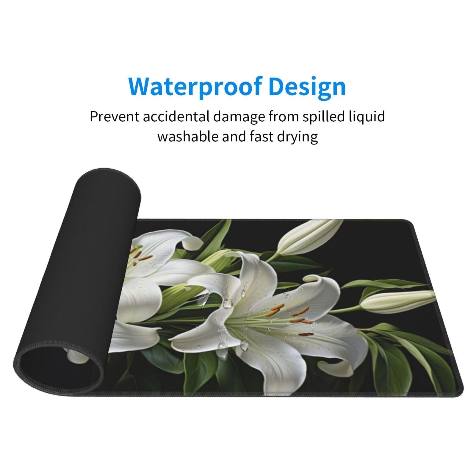 Tappetino Mouse, Tappetino Mouse Gaming Grande XXL 1500x800x3mm Tappetino Scrivania Mouse Pad, Base in Gomma Antiscivolo, Bordi Cuciti, Mousepad per Ufficio e Gaming (Fiore di giglio bianco) R-8
