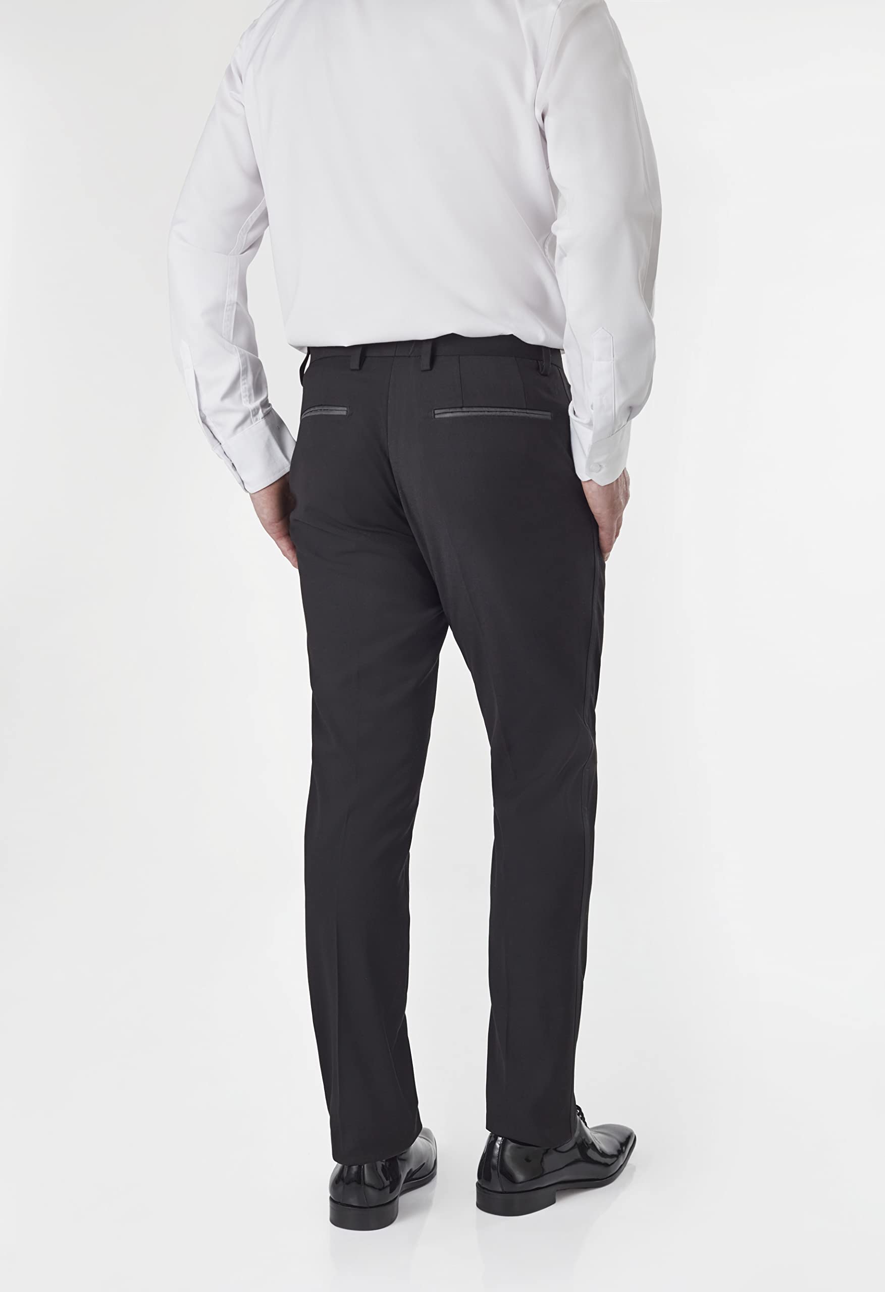 Xposed Pantalones de Esmoquin Negros para Hombre con Cinta de Raso Pantalones de Vestir de Frente Plano entallados