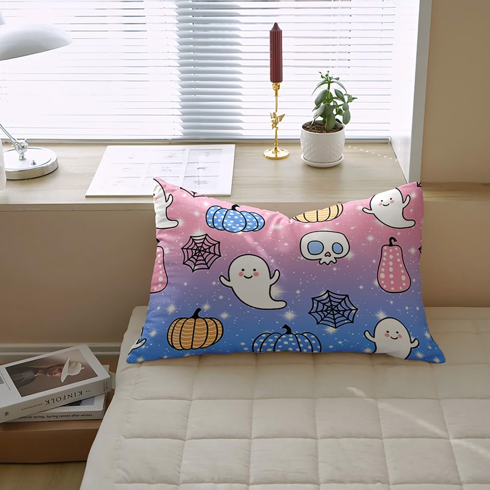 Halloween Bedding Set Single Size Girls Galaxy Pink Blue Duvet Cover Set White Ghost Cute Pumpkin Pattern Cartoon Girls Bedding Sets - Image 3