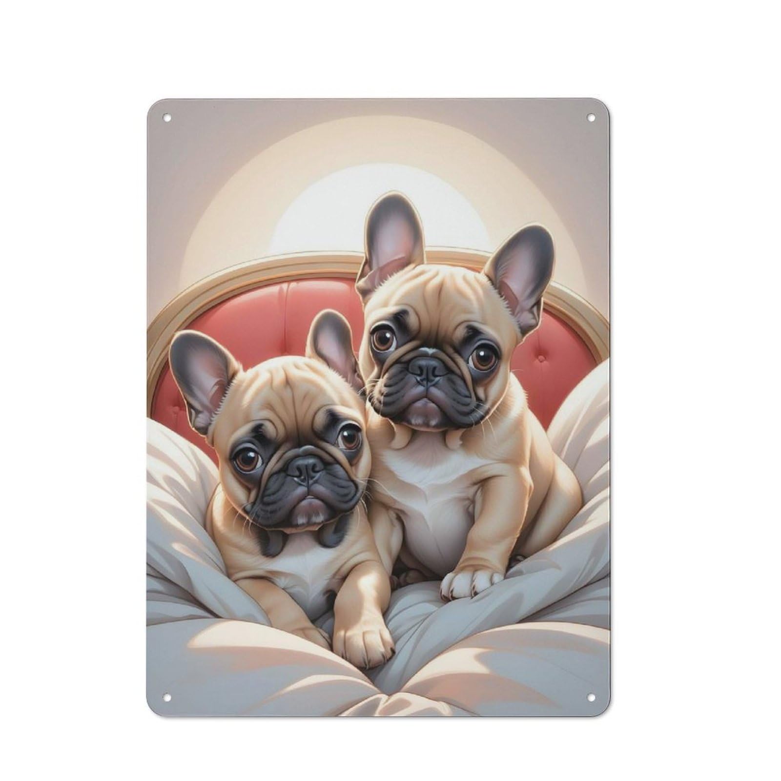 Junmoney French Bull Puppies Metal Plaque 40X30cm With For Hallway Wall, Rustic Decor, For Garage, Workshop And Man Cave Decoration