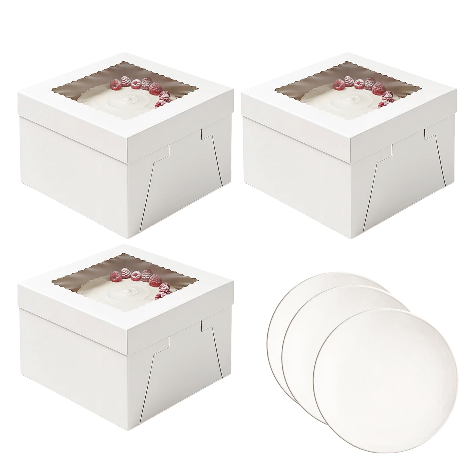 QhgPnt 3 Pack White Cake Box with Boards, 8x8x8 Inch Tall Cake Box and Board Set for Bento Cakes, Layer Cakes, Wedding and Birthday Cakes, Sturdy Cake Boxes with Matching 8 Inch Cake Boards