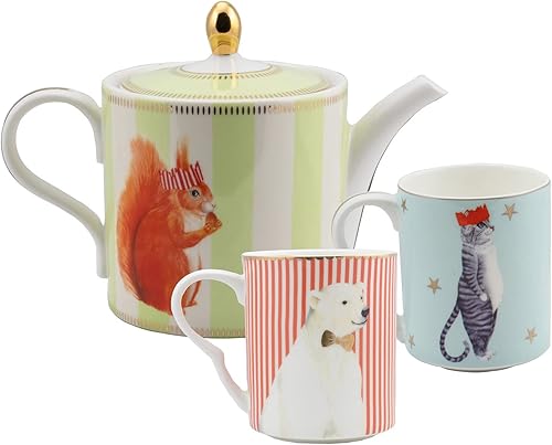 Yvonne Ellen Gin - Tetera de estilo vintage, porcelana de hueso con detalle dorado dorado, diseñada en Inglaterra, bonito color pastel con patrón