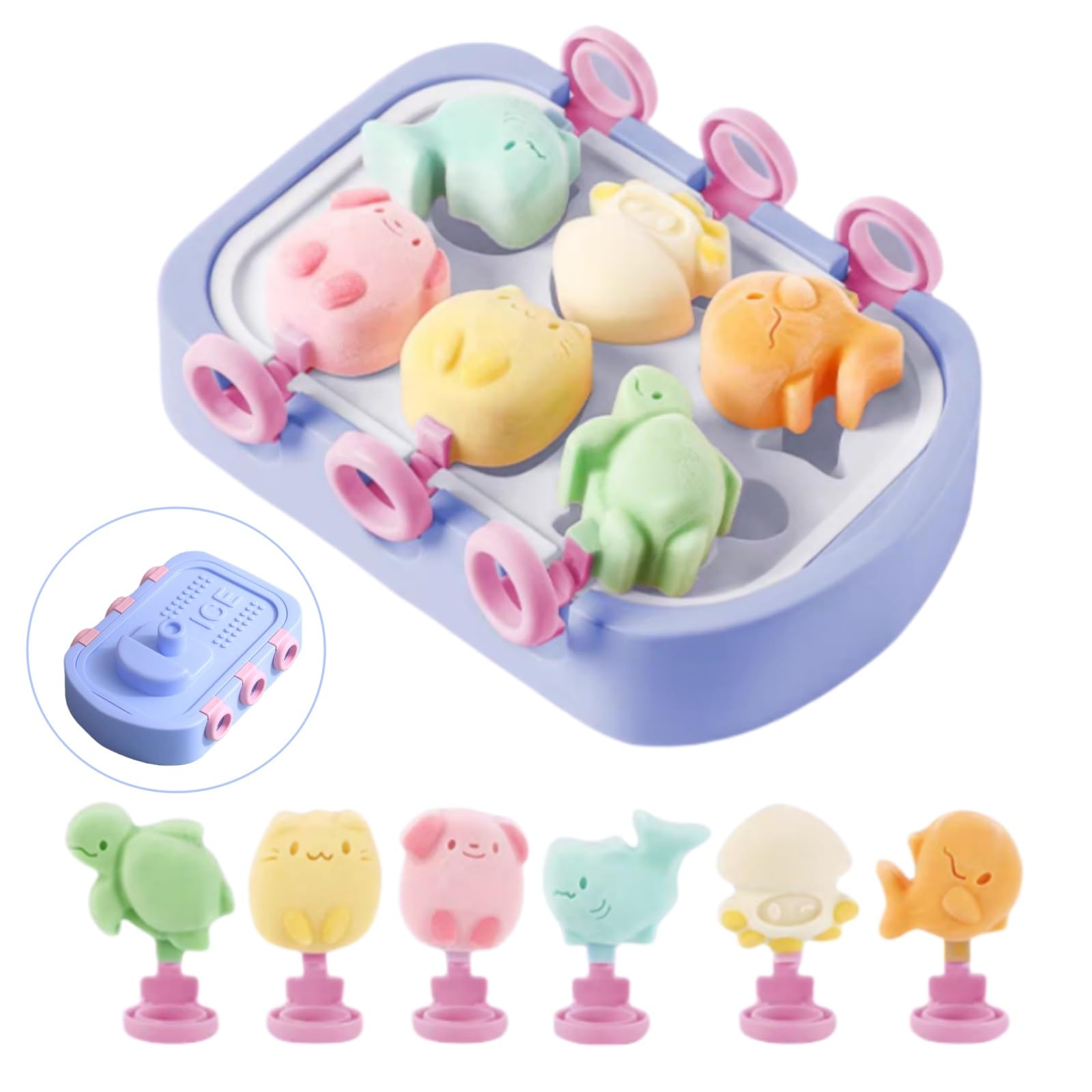 Silicone Small Mini Popsicles Molds, 6 Easy-release Cute Animal Cartoon Homemade Ice Pop Molds Set, BPA Free (Blue)