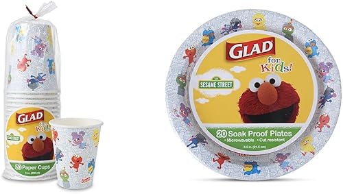 Glad Vasos de papel para niños con diseño de Barrio Sésamo, vasos de papel de 9 onzas, 20 unidades y platos de papel de 8.5 pulgadas para niños,