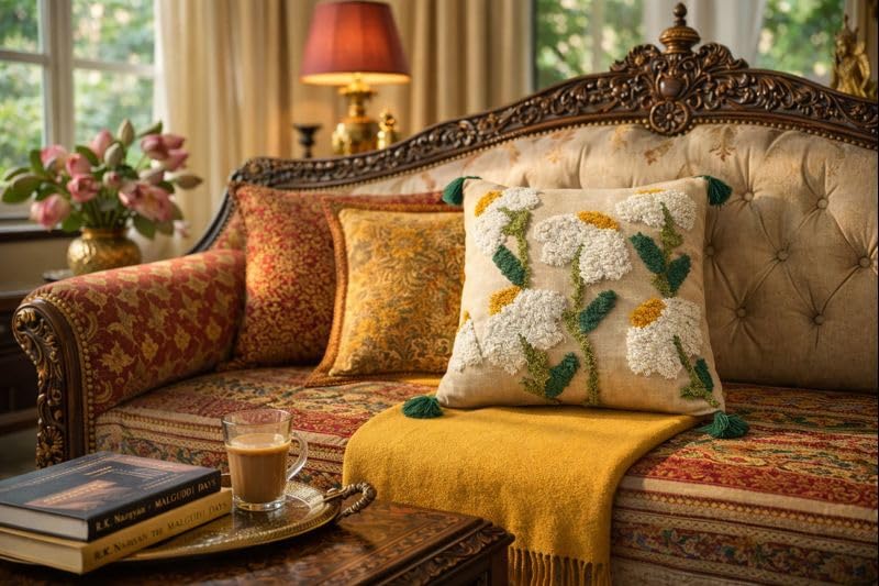 Image of Hand Tufted Cotton Cushion Cover and Tassels, Textured Throw Pillow Case for Sofa, Couch, Bed, Boho Farmhouse Home Decor, 40x40 cm, Pack of 1