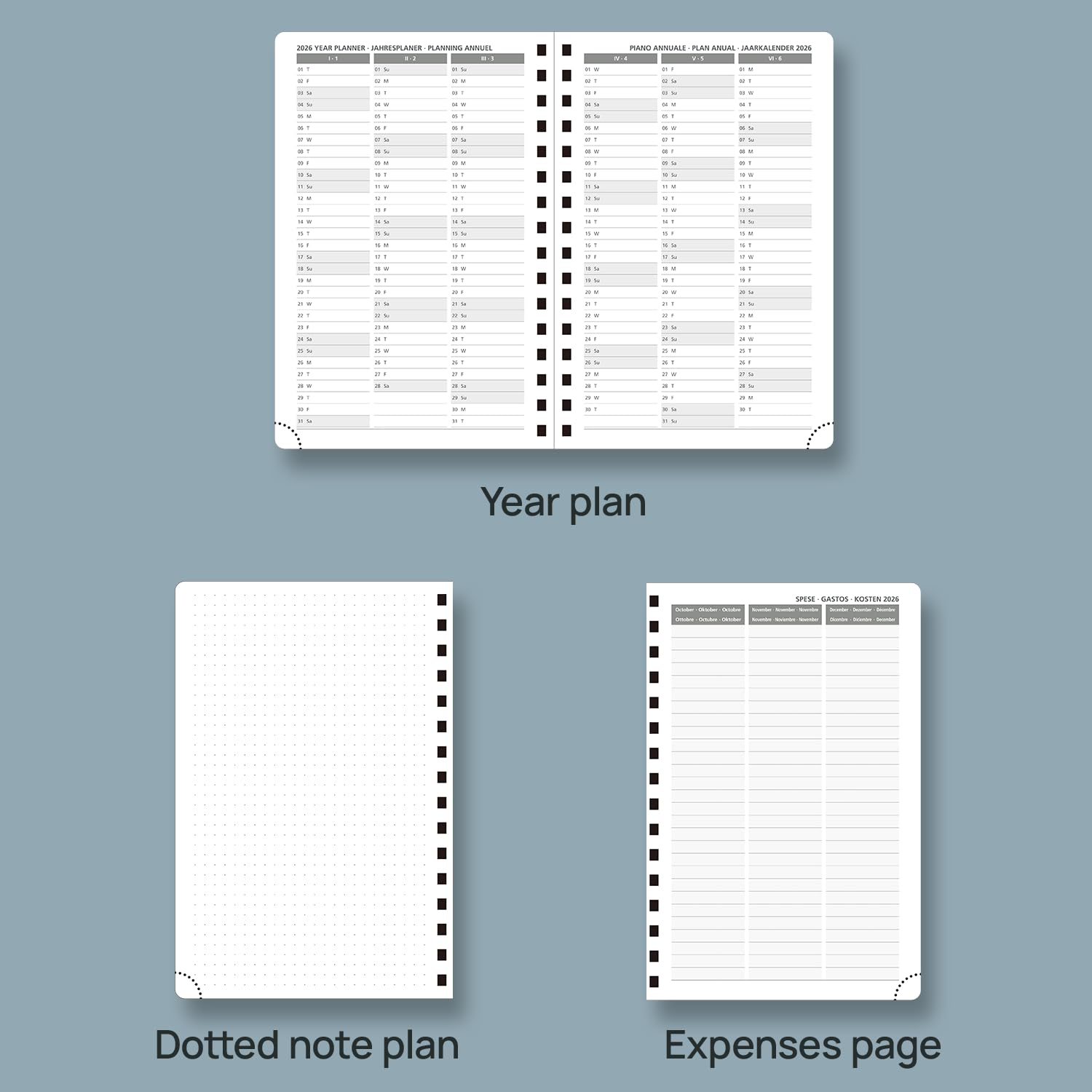 POPRUN Daily Planner 2026 A5, 12 Maanden Agenda Jan.2026 tot Dec.2026, 1 Dag 1 Pagina, Hard Cover Planner 2026, 80 GSM FSC® Papier Gemaakt van Hernieuwbare Materialen, Zwart Grijs