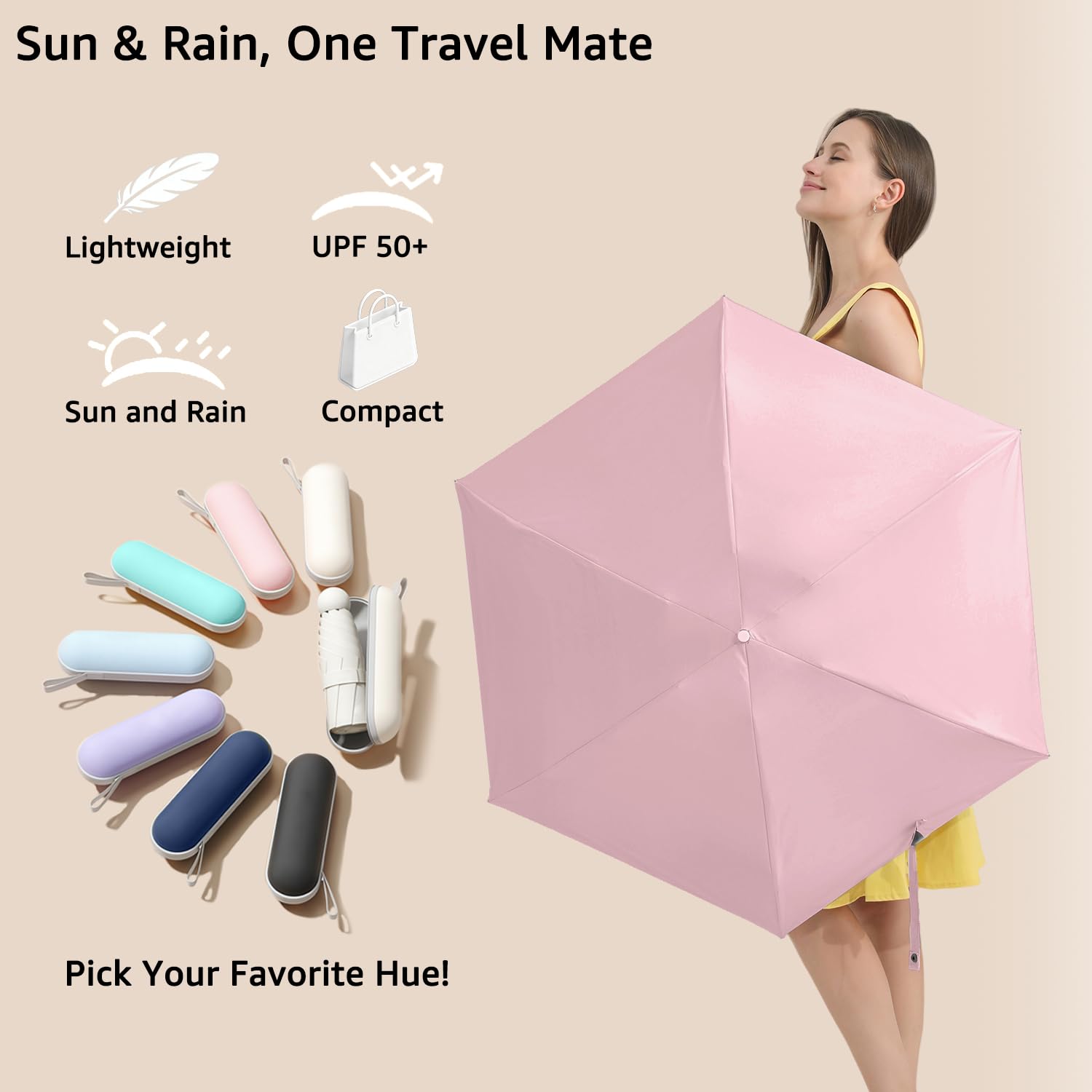 BAODINI Podróżny mini parasol do torebki z etui-mały kompaktowy parasol chroniący przed promieniowaniem UV lekki mały parasol kieszonkowy UPF 50+ dla kobiet dziewcząt mężczyzn