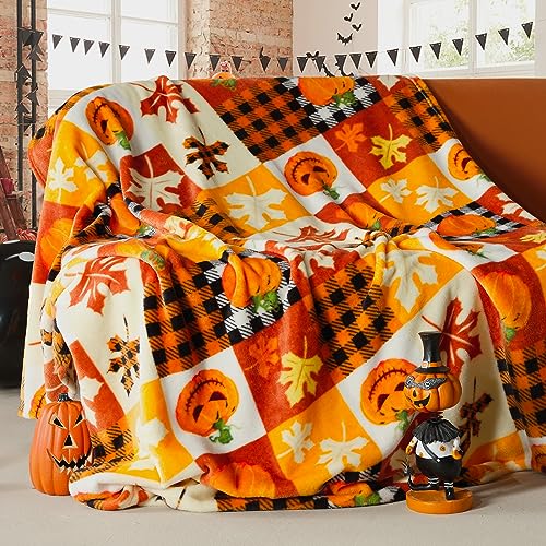 ROMROL Halloween Fleece Throw Blanket, Pumpkin, Leaves Fall Plaid Blanket, Soft Fuzzy Plush for Couch Sofa or Bed, Luxury Flannel Lap Blanket, for Kids, Adults, Wife, Self (50" x 60")