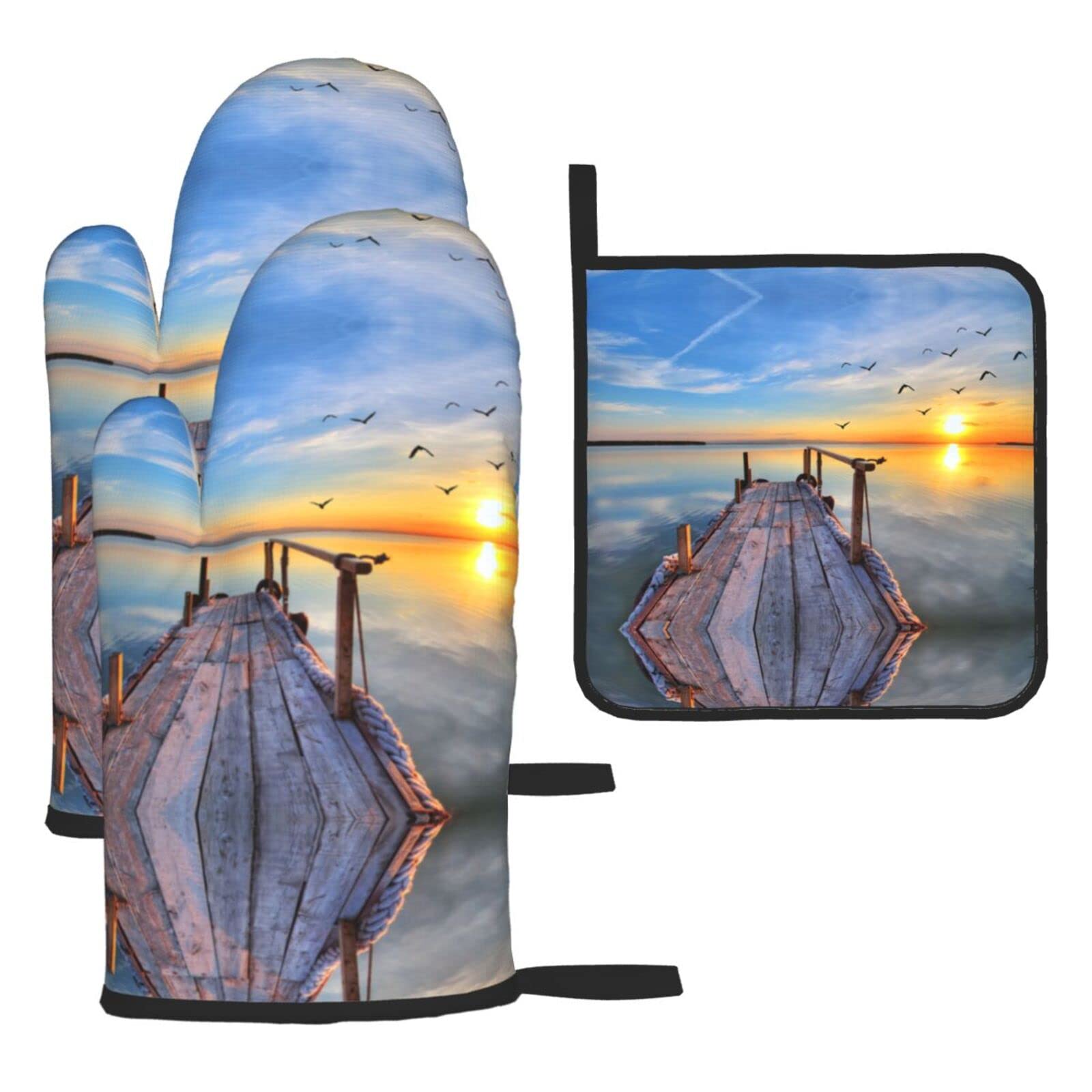 Sunset Scenery Oven Mitts and Pot Holder Kitchen Set for Grilling, Cooking, Baking, Heat Resistant