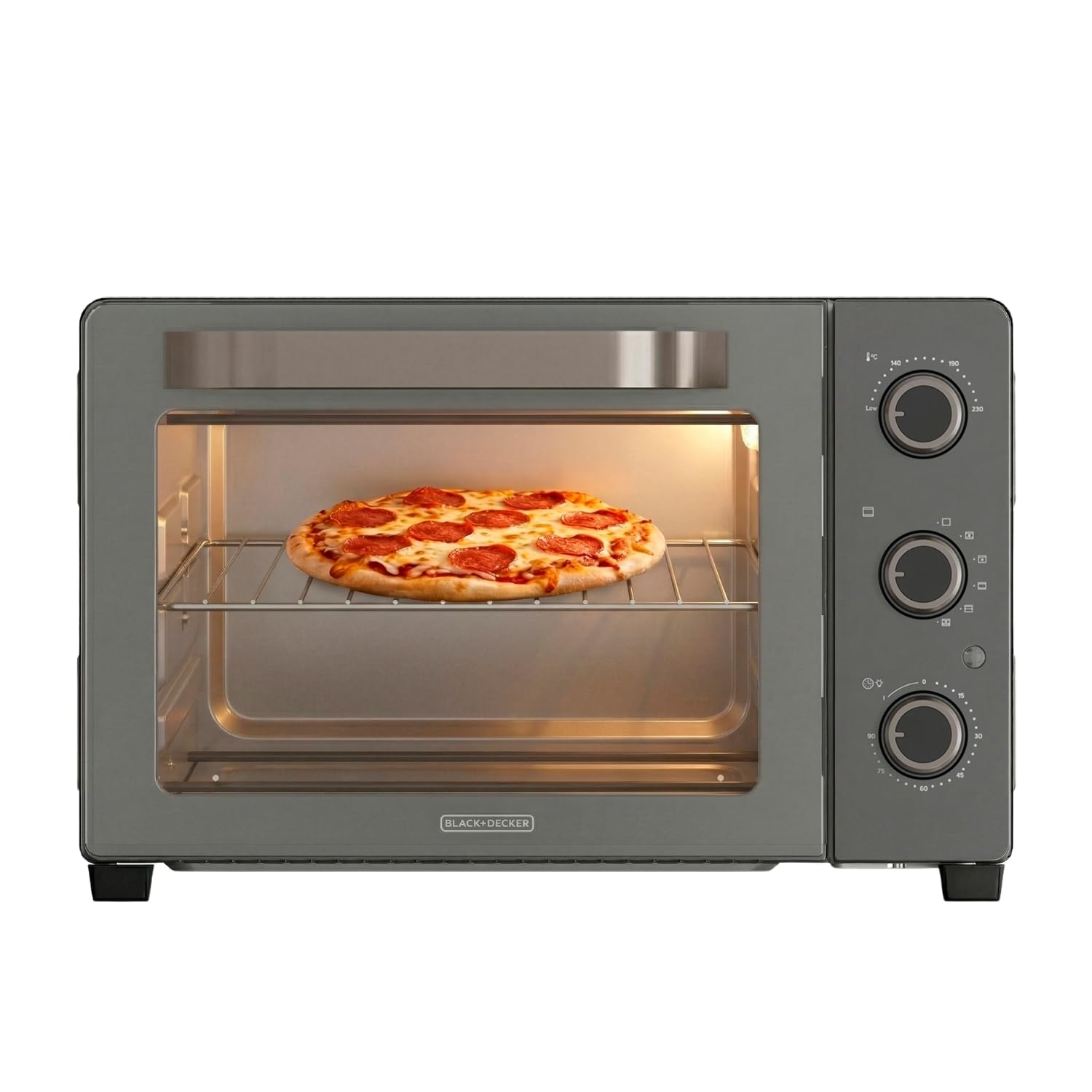 Black+Decker – Horno de sobremesa eléctrico BXOV3000E | 1500W | 30L | Grill | Superior | Convección | Timer 90 min | STAY ON | Doble cristal | Luz interior | Bandeja recogemigas | Rustidor