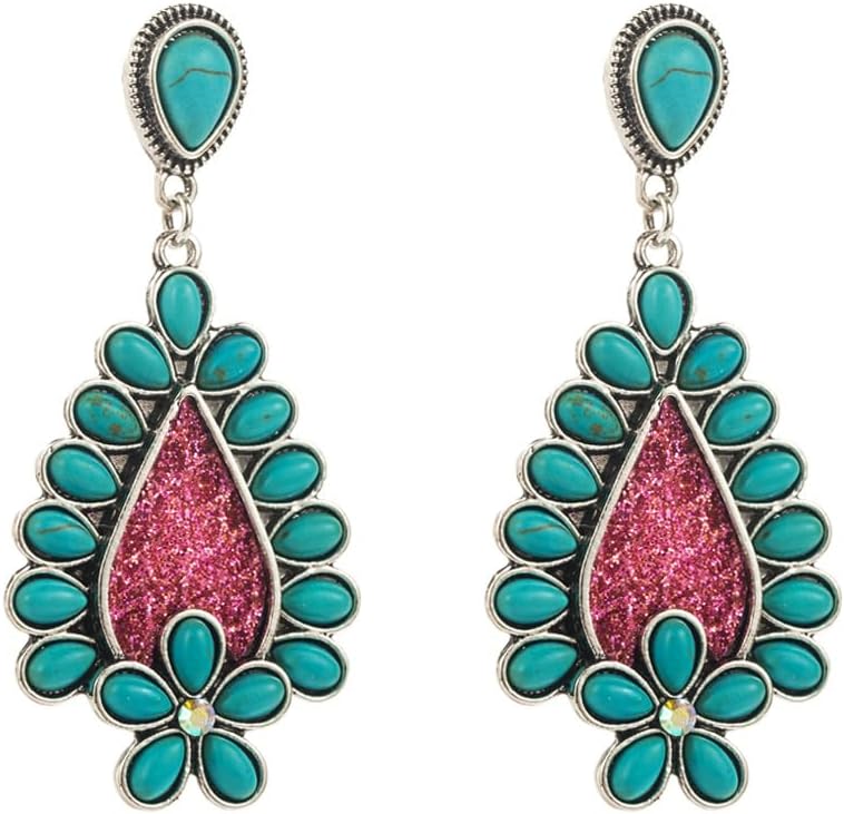 Turquoise Bohemian Drop Dangle Metal Large Oval Earrings Statement Teardrop Earrings Western Earrings For Women Jewelry Gift