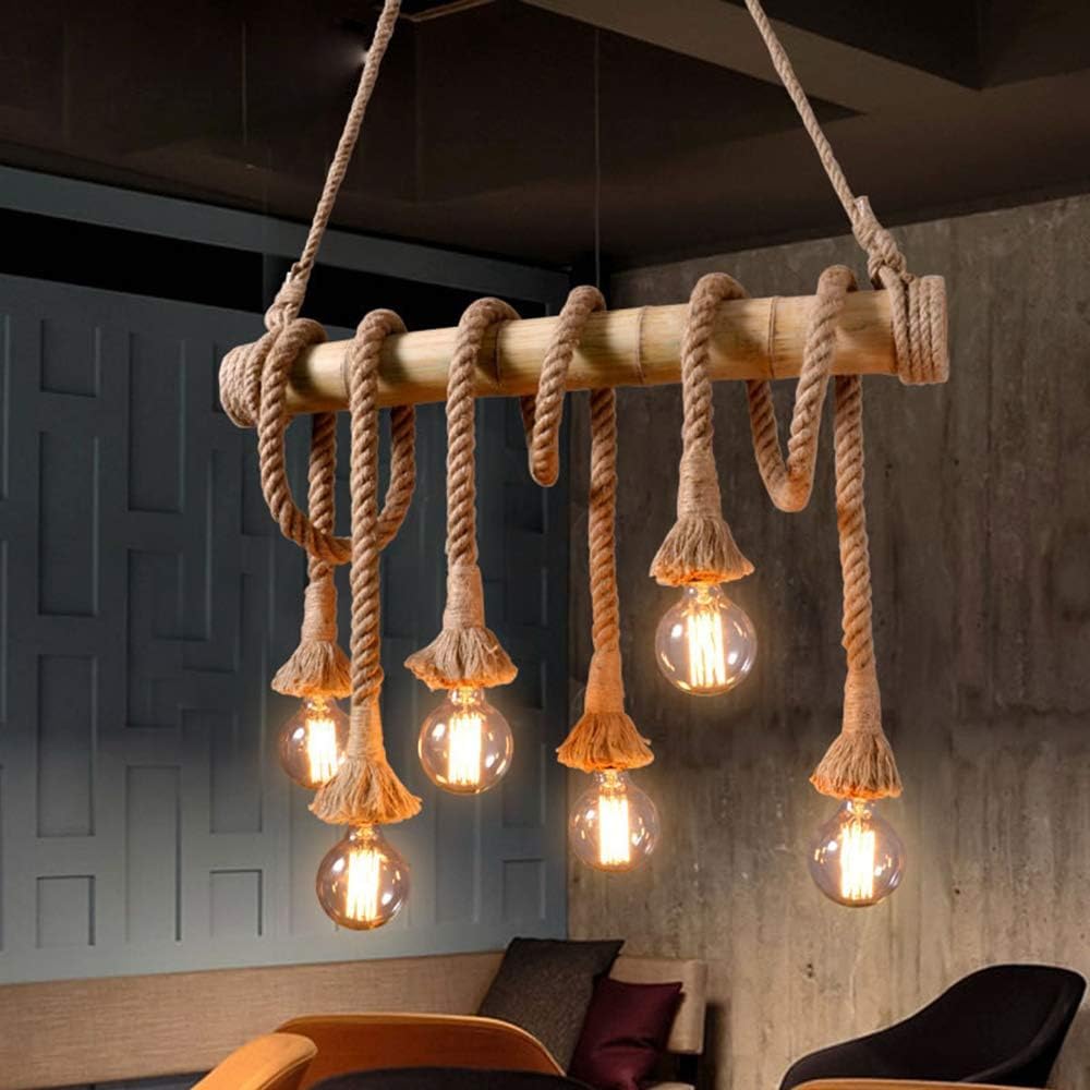 HUA QIANG WANG Retro 6-Light Farmhouse Hemp Rope Chandelier Rustic Pendant Lighting Industrial Bamboo Hanging Lamp Vintage Ceiling Light Fixture for Living Room Dining Room Bedroom Kitchen Island