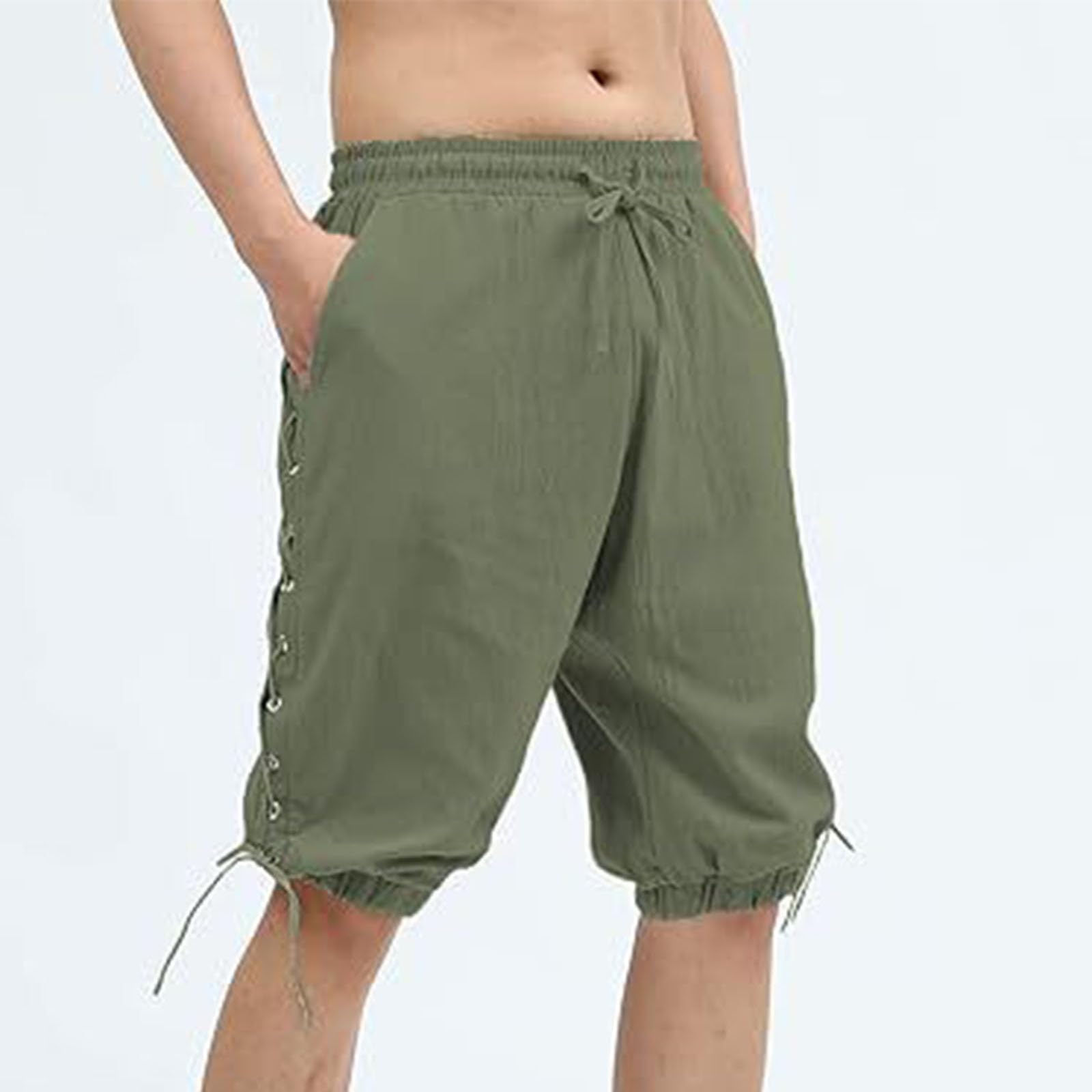 Generisch Baumwoll Shorts Herren mittelalterliche Piratenhose für Herren mittelalterliche Taillierte Passform mit Bindedesign Shorts Einfarbige Kurze Hose Unterhalb des Knies