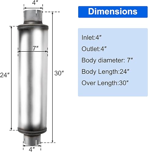 Miniatura 2 de Silenciador de escape de 4 pulgadas, entradasalida de 4 pulgadas, diseño recto universal de acero inoxidable de 30 pulgadas, silenciador resonador
