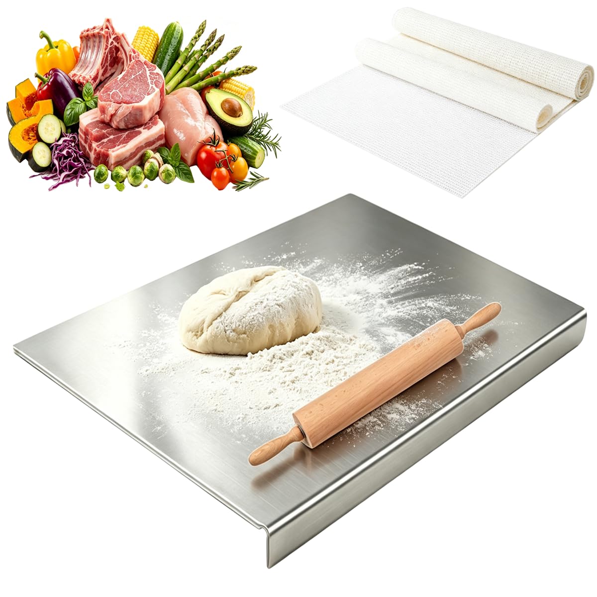 Cococheers 60x40cm Heavy Duty Stainless Steel Chopping Board WithNonSlipMat