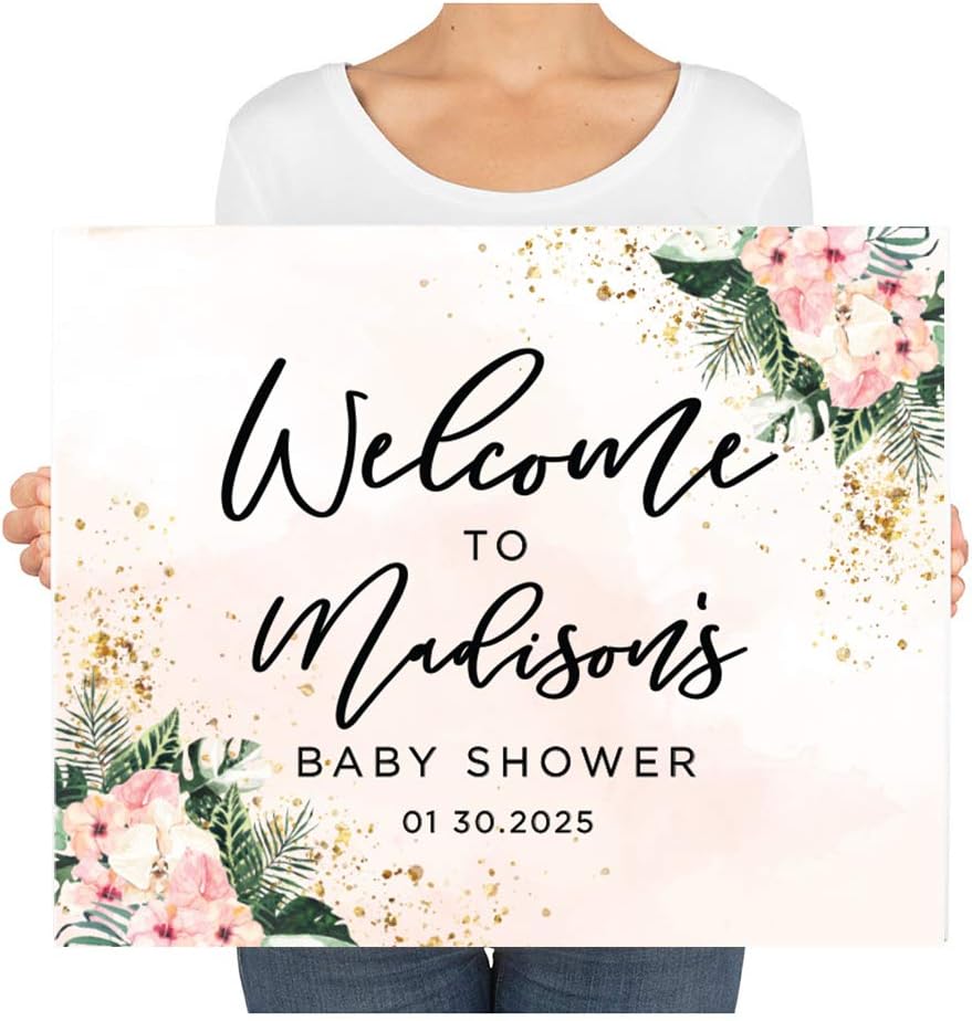 Andaz Press Custom Large Baby Shower Canvas Welcome Sign, 16 x 20 Inches, Pink Hibiscus Tropical Palm Leaves, Guestbook Alternative, Personalized Sign Our Canvas, Tropical Baby Shower, Baby Sprinkle