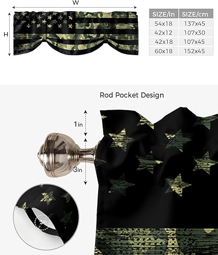 Miniatura 6 de Cortinas opacas con estampado militar de camuflaje verde rústico con diseño de bandera estadounidense para ventanas de cocina, decoración de ventana