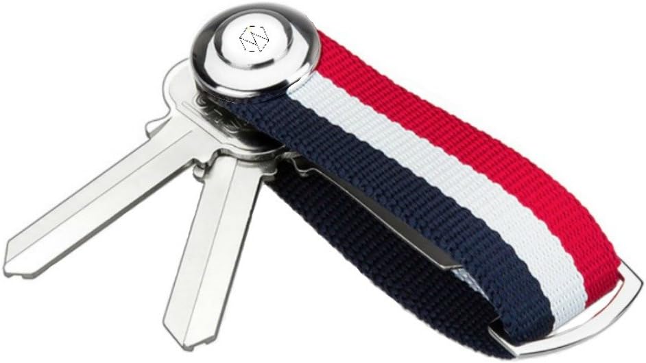 Compact Smart Key Holder Organizer - Smart Keyring - Striped Nylon - Great Gift - Navy Blue, White, Red